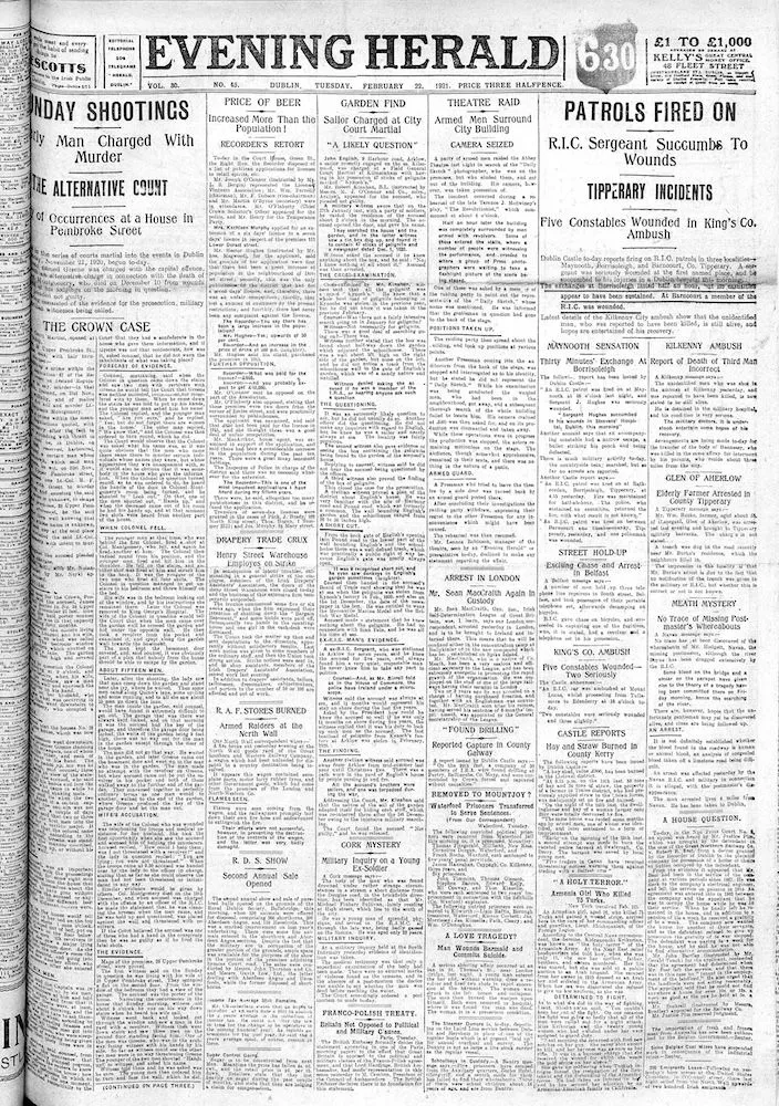 Front page of the Evening Herald (Dublin) from 22 February 1921